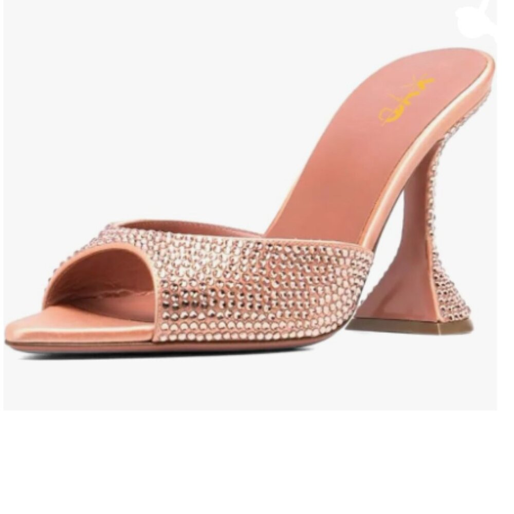 XYD Peachpuff Open Pointed Toe High Heel Mules Slip-ons Crystal Sparkle Sandals